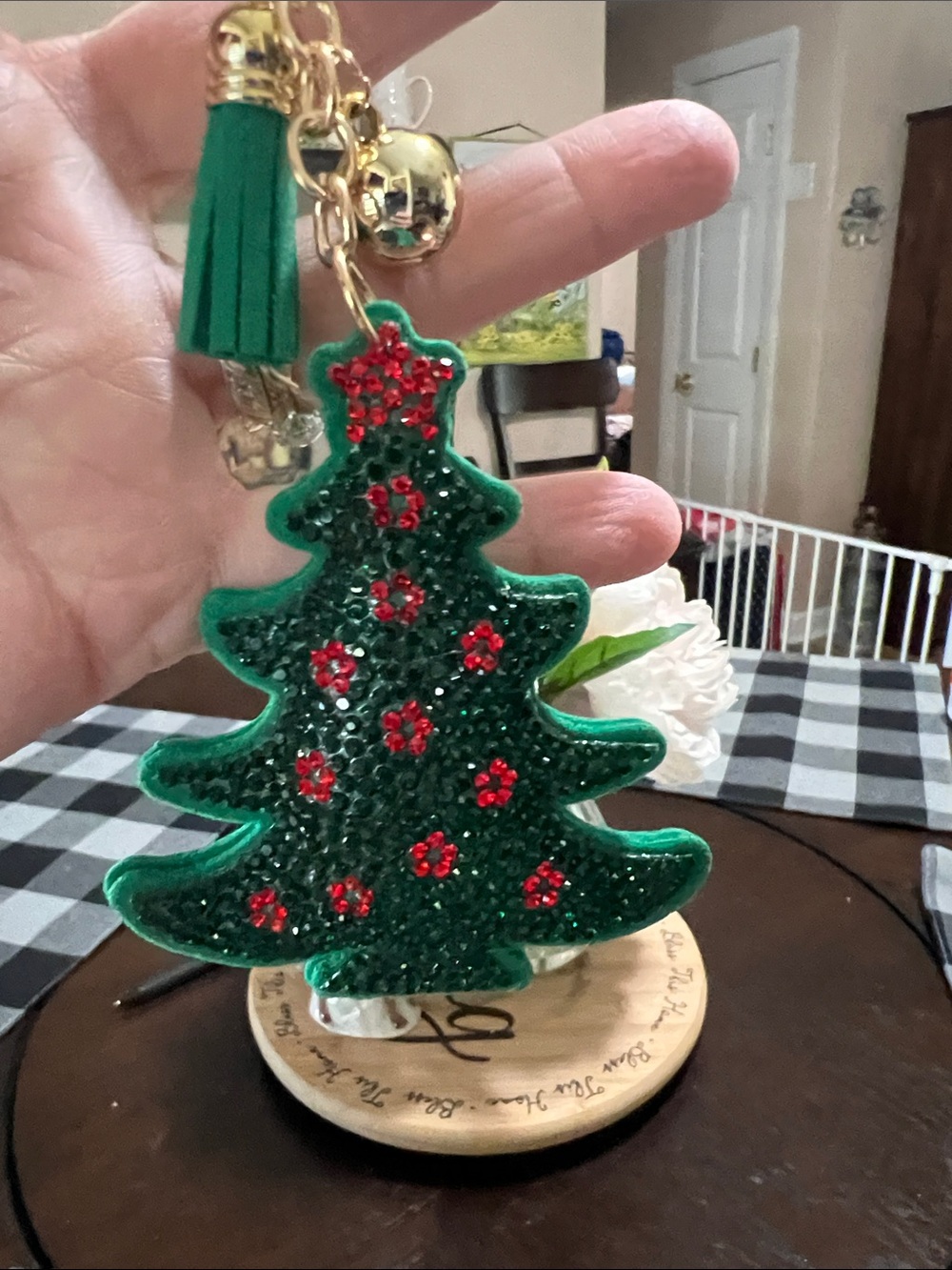 New Green Beaded Christmas Tree Ornament Keychain - Holiday Accent